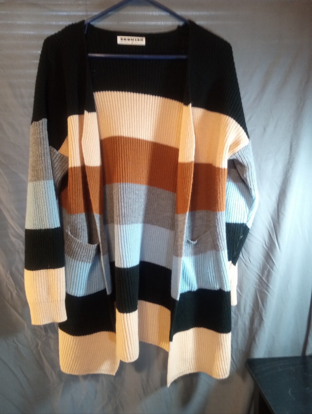 Ecowish Black, Cream, Gray & Brown Color block Striped Open Cardigan